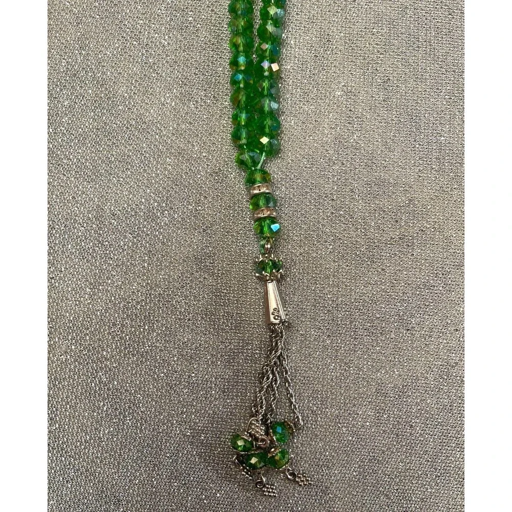 Vintage 60s Green Beaded Necklace 1960s Retro Pastel Dangle Crystal Hippie Mod